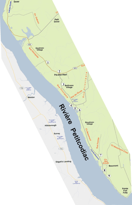 Carte géographique de la rive est de la Petitcodiac